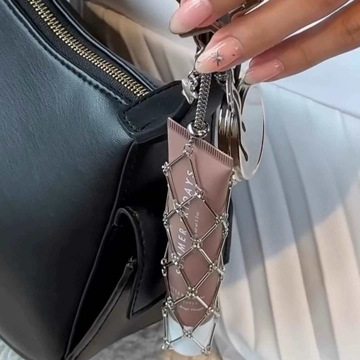 حامل ليب بام معدني فاخر بشبك مع ميدالية مرآة نجمة أو قلب لتعليق شفاه الشفاه على الشنطة Lip gloss chain
