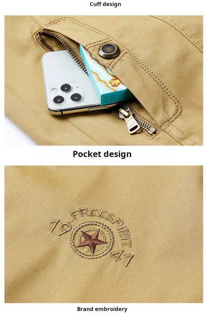 جاكيت رجالي قابل للعكس بقماش قطني مقاوم للتجاعيد مع جيوب بسحابات وتطريز صلب أنيق