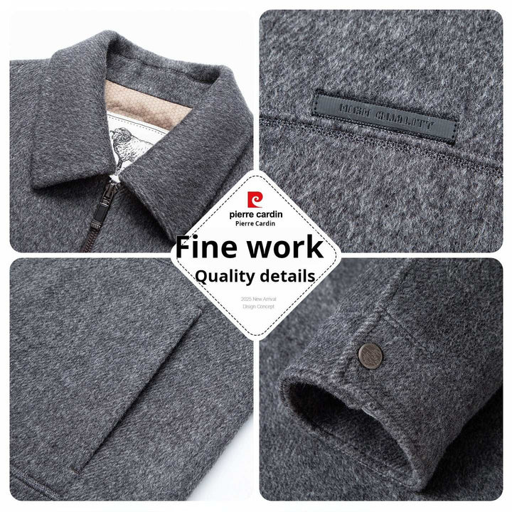 جاكيت بيير كارداين صوف ناعم رمادي بتفاصيل خياطة دقيقة وأزرار على الأكمام بطوق كلاسيكي وجيوب عملية