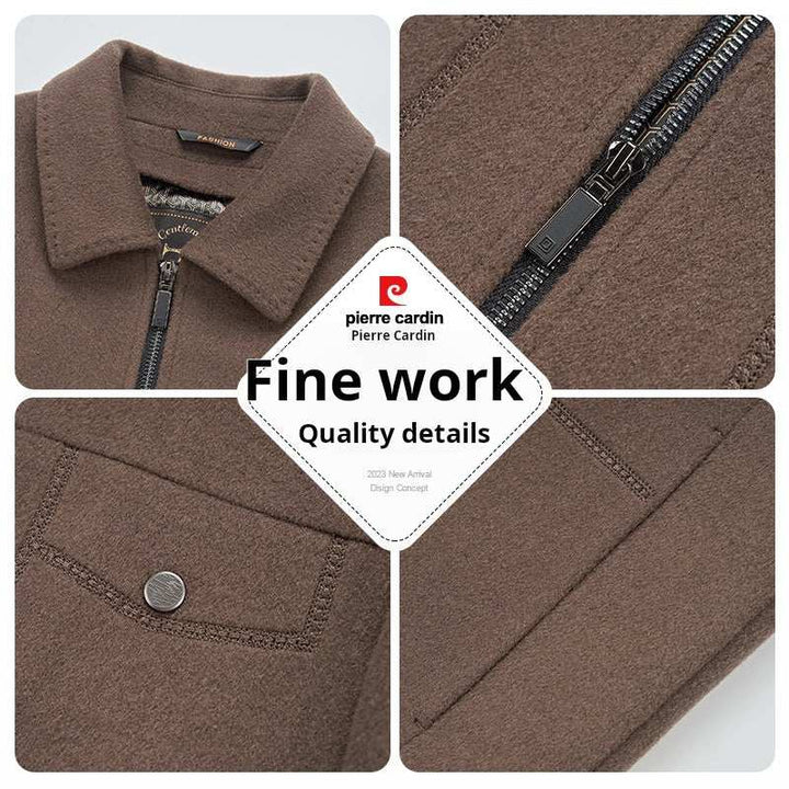 جاكيت بيير كاردان صوف بني فاخر مع تفاصيل دقيقة وجودة عالية