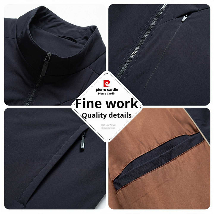 سديري بيير كارديان للرجال بتصميم أنيق مع سحّاب وجيوب مخفية وخياطة دقيقة باللون الأزرق الداكن والبني والبيج، مناسب للرحلات والعمل واللقاءات الرسمية