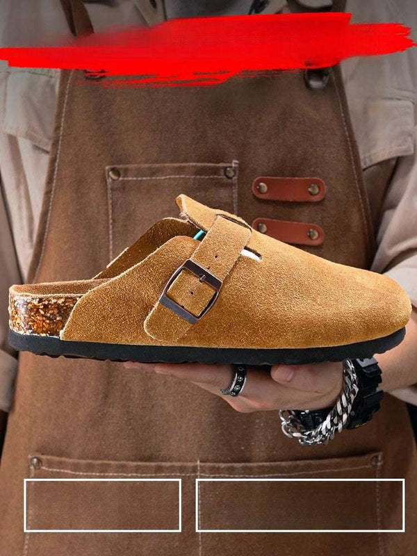 حذاء بيركنستوك بتصميم كلوغ جلدي بني خردلي بنعل خارجي سميك واسع الراحة