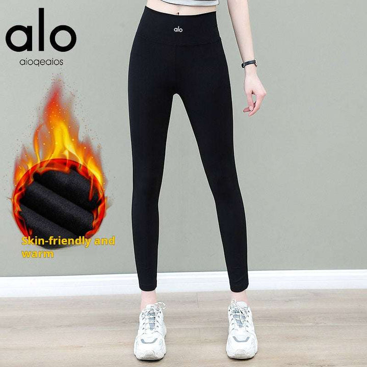 بنطال يوغا alo leggings عالي الخصر ناعم ومرن دافئ باللون الأسود يناسب التمارين والطلعات الباردة