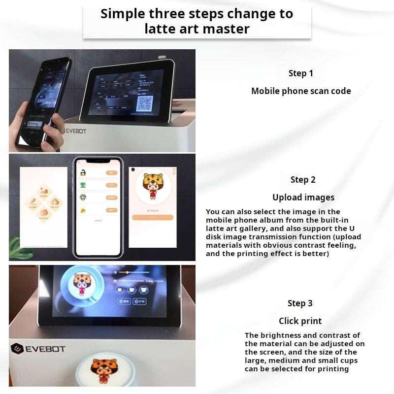 طابعة القهوة EVEBOT للرسم الملون بدقة 600dpi.