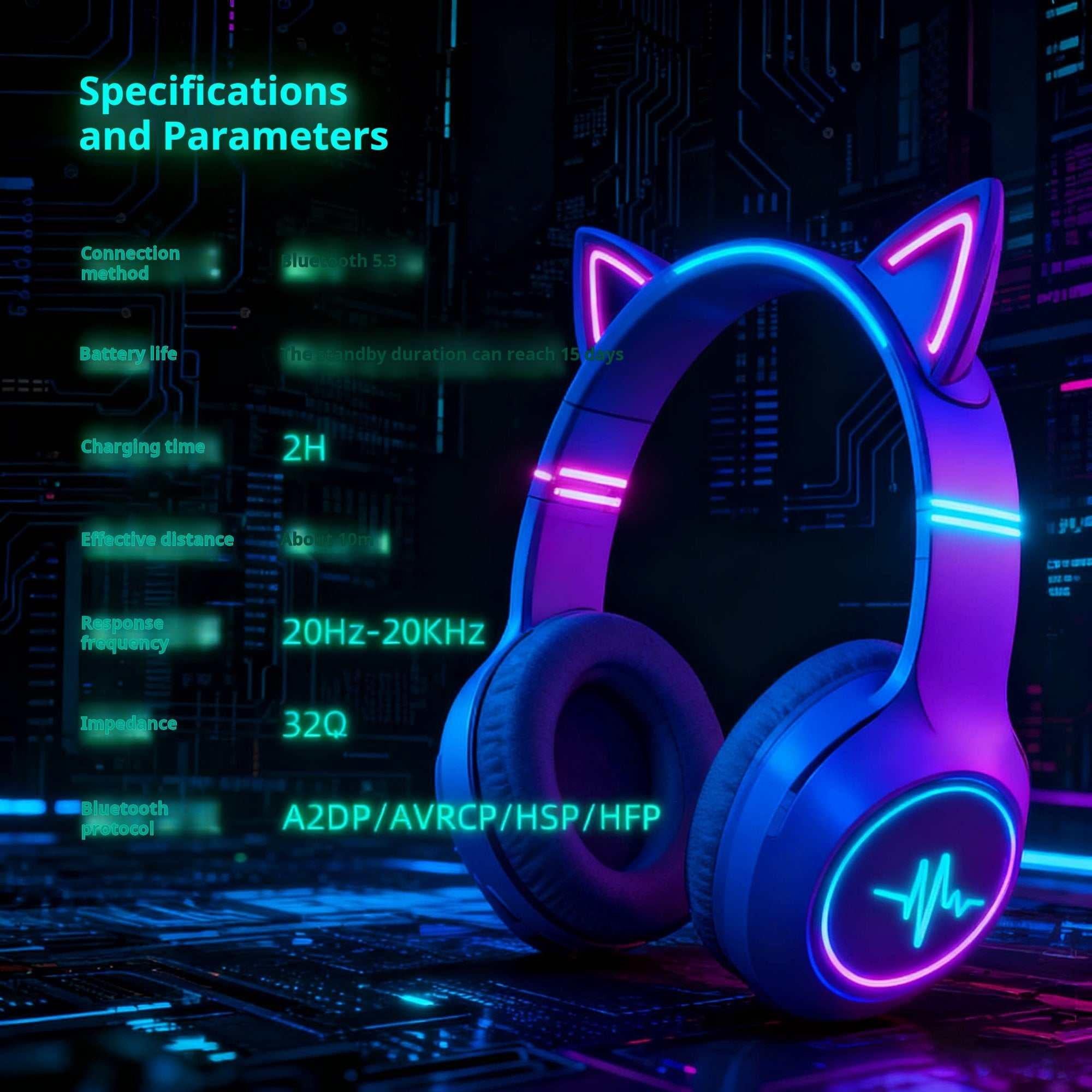 Cute headphones - سماعة الألعاب اللاسلكية Cat Ear بإضاءة RGB.