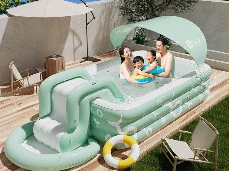 مسبح عائلي Inflatable مع زحليقة و Sunshade باللون الأخضر.