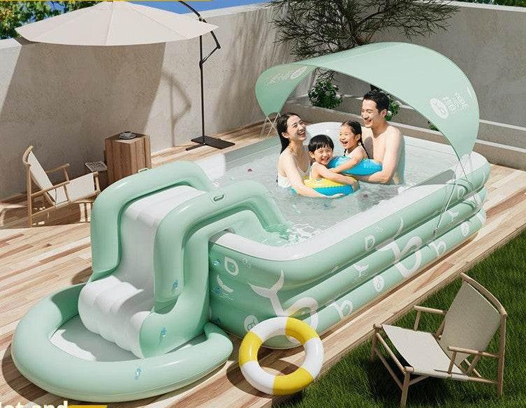 مسبح Swimming Pool مع زحليقة Slide ومظلة Sunshade لون أخضر.
