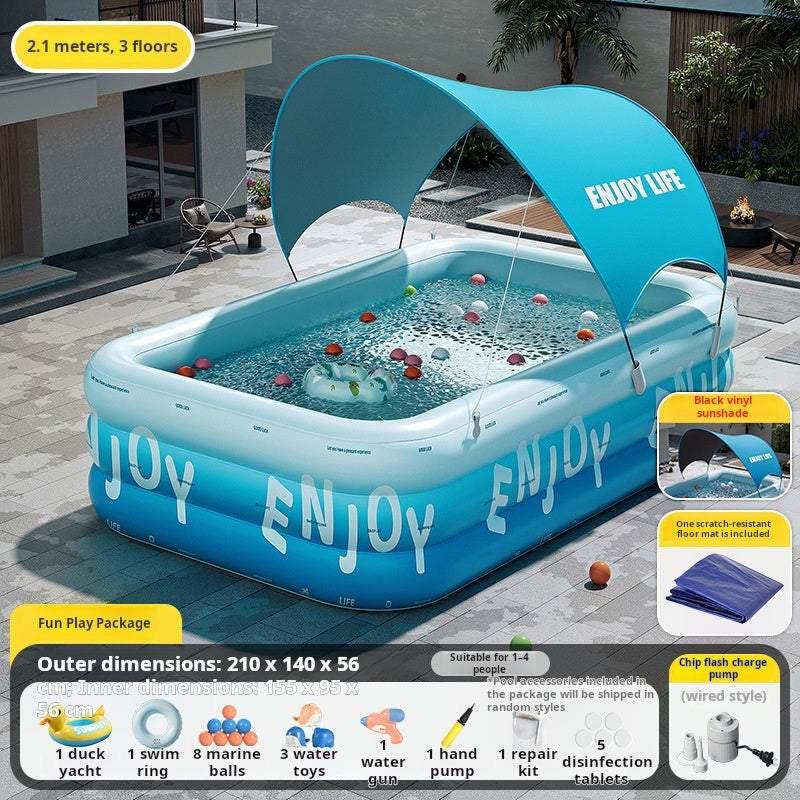 مسبح Inflatable Pool عائلي مع مظلة Sunshade ونفخ تلقائي.