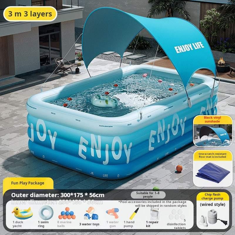 مسبح Inflatable Pool عائلي مع مظلة Sunshade ونفخ تلقائي.