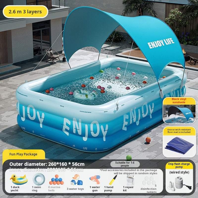 مسبح Inflatable Pool عائلي مع مظلة Sunshade ونفخ تلقائي.