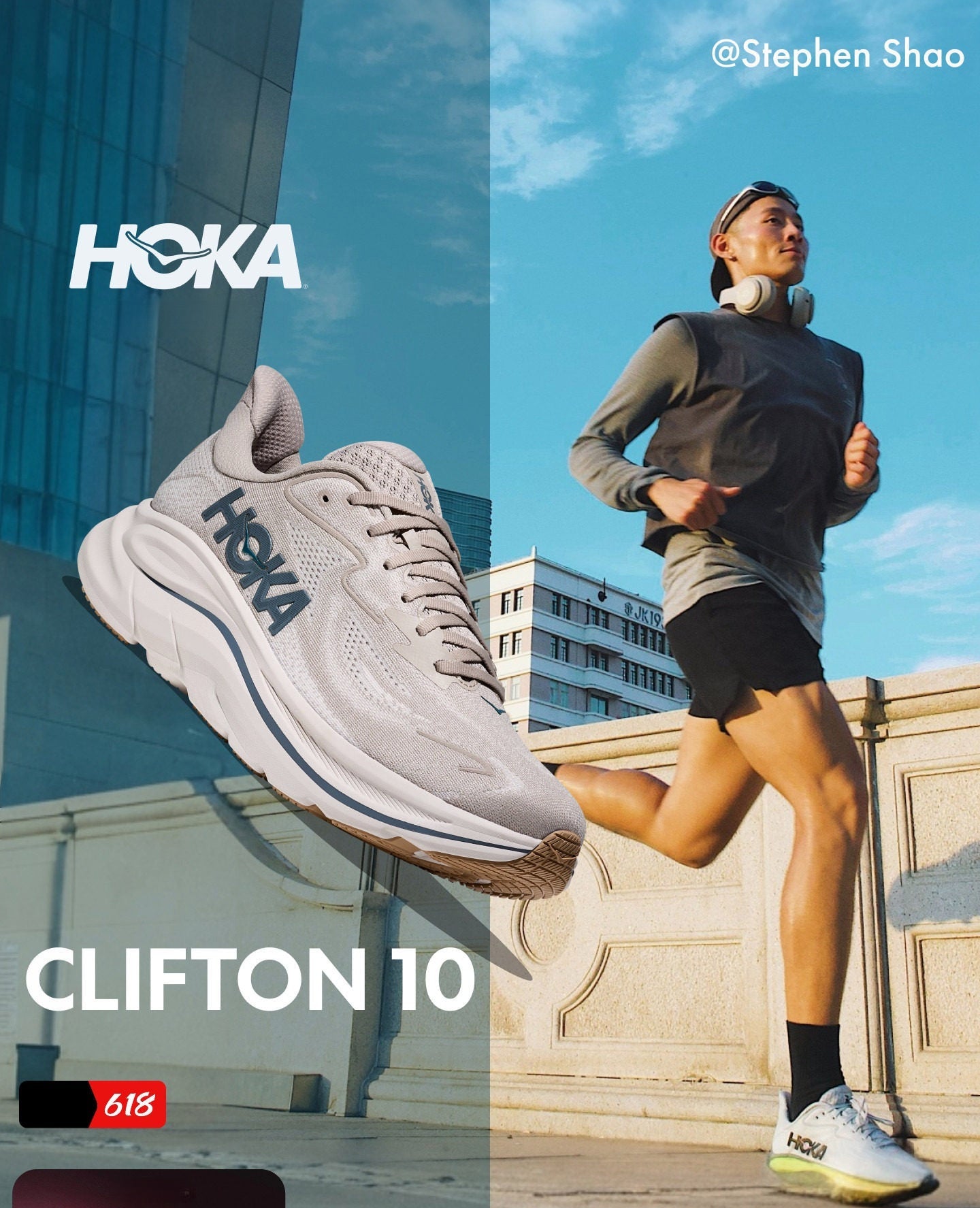 حذاء جري HOKA Clifton 10 للرجال - رمادي مع تفاصيل فسفورية
