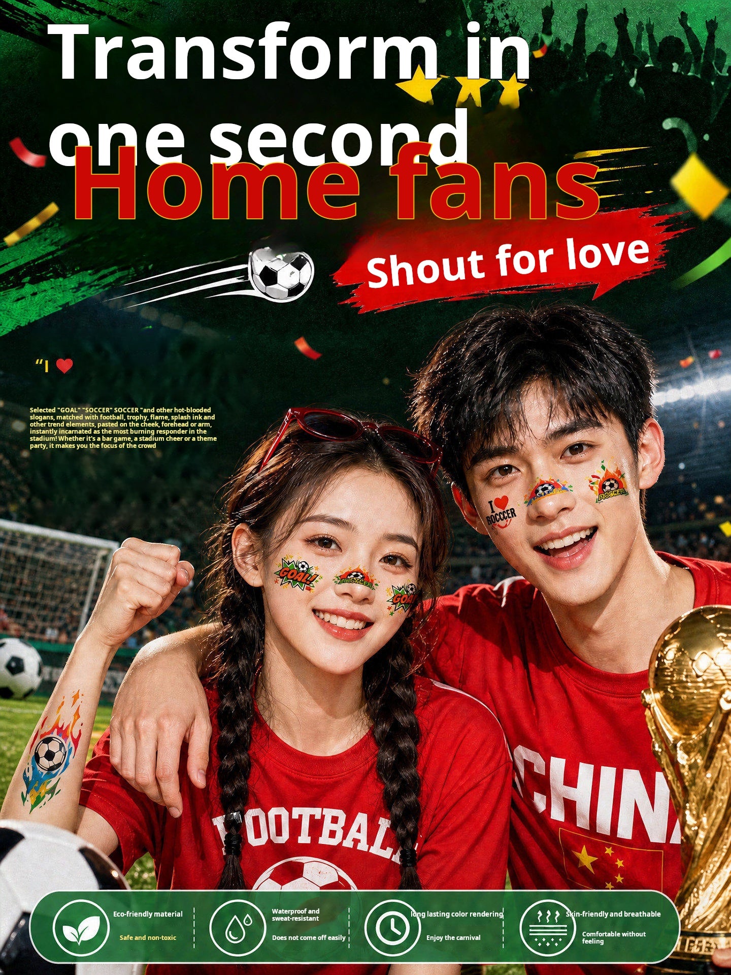 ملصقات تاتو مؤقت للوجه بتصاميم Soccer احترافية ومقاومة للماء