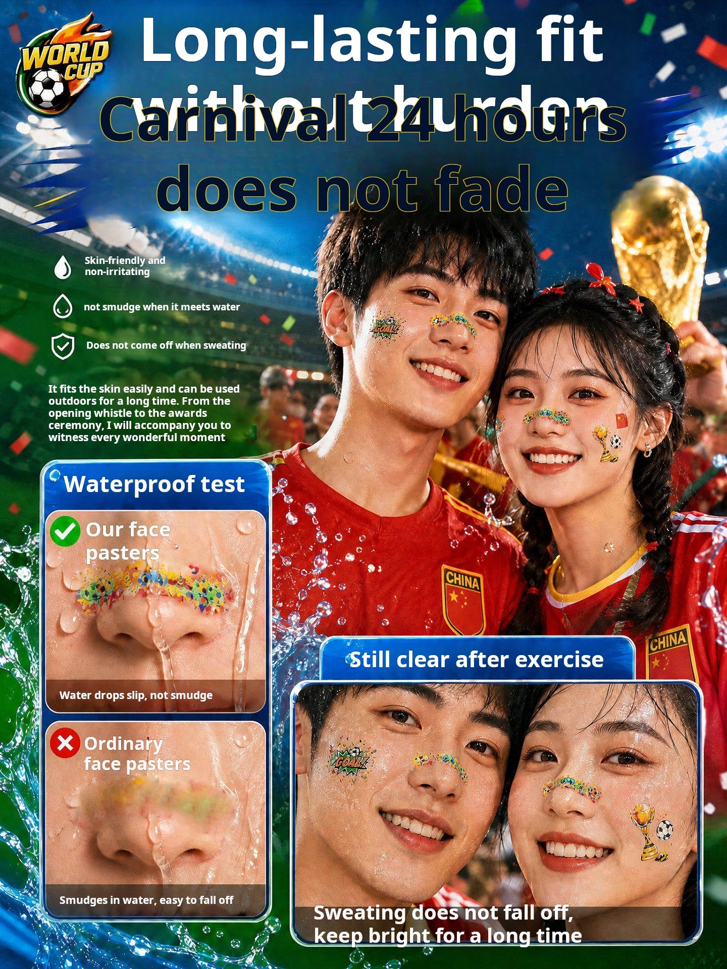 ملصقات تاتو مؤقت للوجه بتصاميم Soccer احترافية ومقاومة للماء