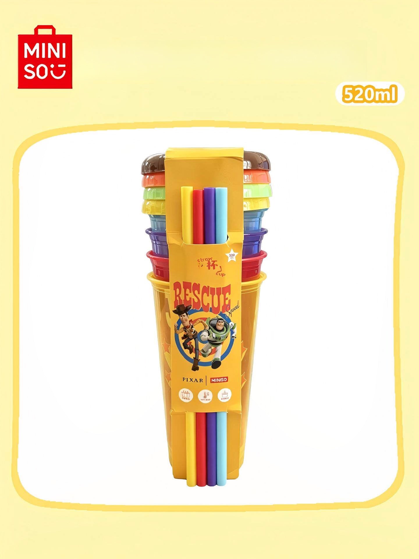 MINISO Disney Toy Story Series Straw Cups, Plastic Cups, Portable Cups, 4-Piece Summer Set