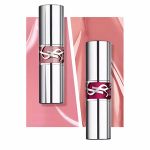 علبتا روج فضيتان بشعار YSL وشريط أرجواني والغطاء مغلق