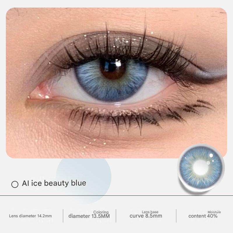 Close up look at AI Ice Beauty Blue color from Tinacon Korean contact lenses collection for a striking appearance.
