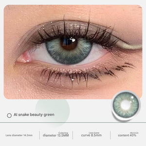 Close up look at AI Snow Beauty Green shade from Tinacon colored contact lenses range.