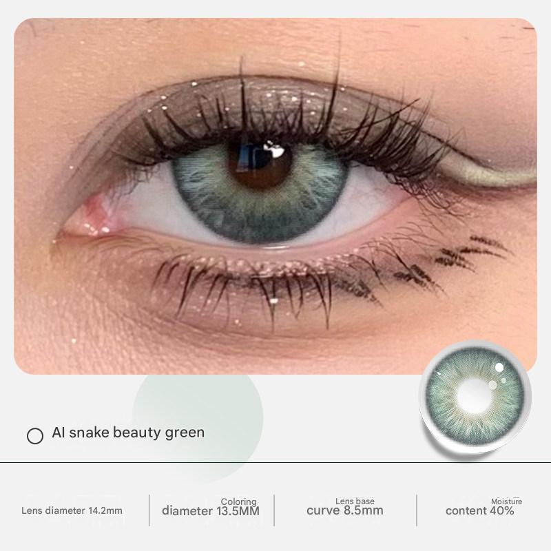 Close up look at AI Snow Beauty Green shade from Tinacon colored contact lenses range.