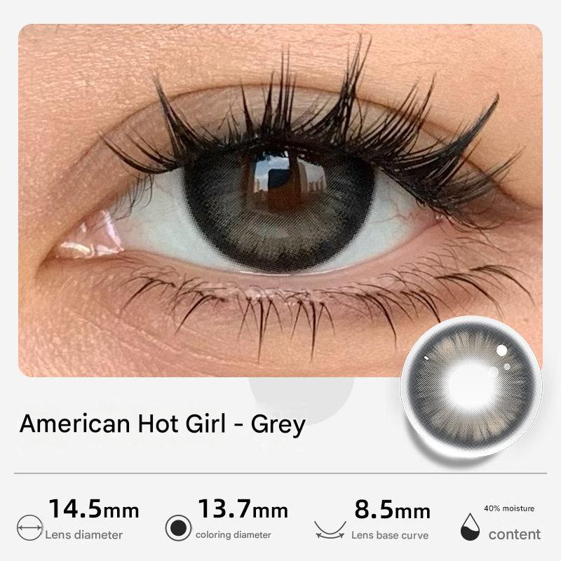 American Hot Girl Grey shade of Tinacon colored contact lenses with a 14.5mm diameter for a wide-eye effect.