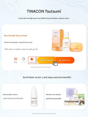 Promotional page for Tinacon Korean contact lenses solution and moisturizing eye drops for sensitive eyes.
