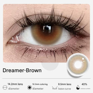 Dreamer Brown shade from Tinacon natural contact lenses featuring a 14.2mm diameter and 40% water content.