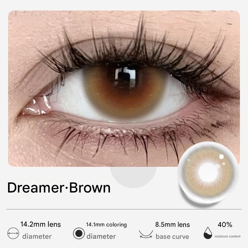Dreamer Brown shade from Tinacon natural contact lenses featuring a 14.2mm diameter and 40% water content.