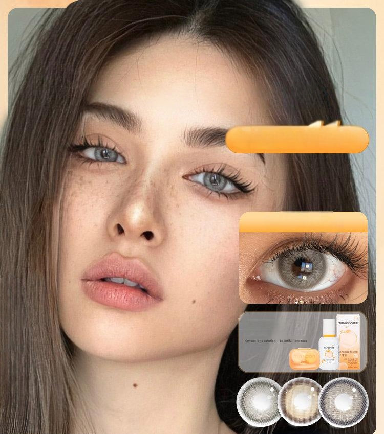 A beautiful model showcasing Tinacon Korean contact lenses in a natural gray shade with product packaging and color variants.