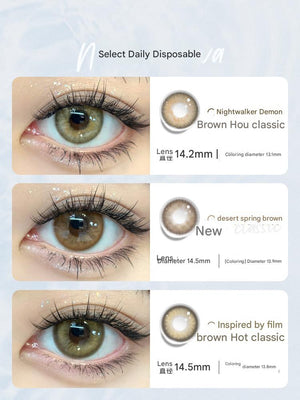 Comparison of three Tinacon daily colored lens shades including Night Demon Brown with dimensions.
