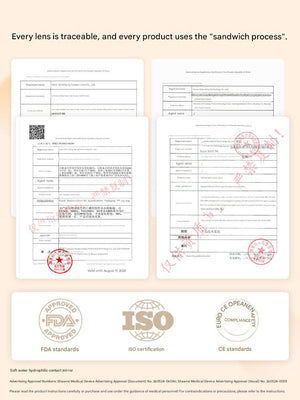 FDA, ISO, and CE quality and safety certificates for genuine Tinacon contact lenses