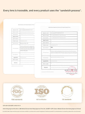 عرض لشهادات الجودة العالمية ISO وCE التي تضمن أمان وجودة تصنيع عدسات تيناكون.