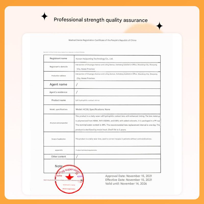 Official medical quality assurance certificate for Tinacon contact lenses, confirming high manufacturing standards and eye safety.