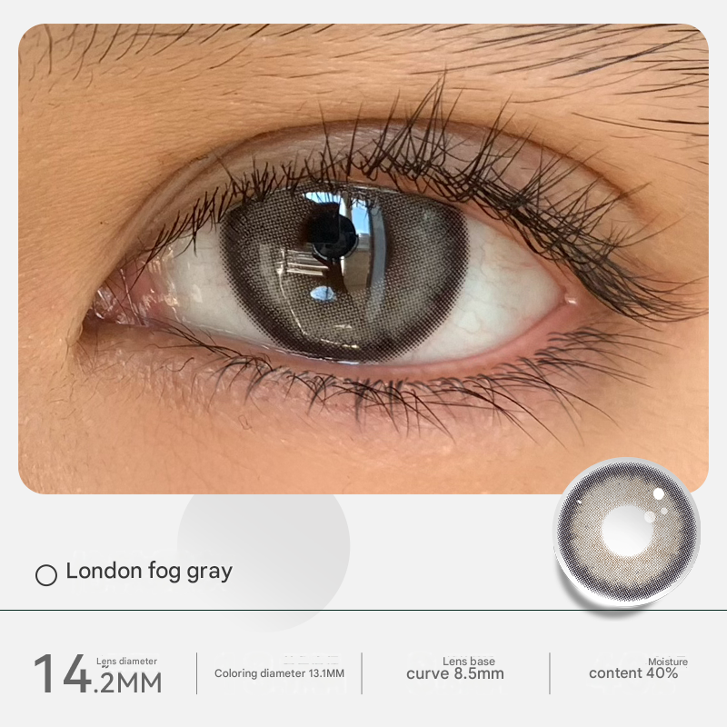 Close up look at Luminous Fog Gray colored contact lenses by Tinacon with a 14.2mm diameter for a natural look.