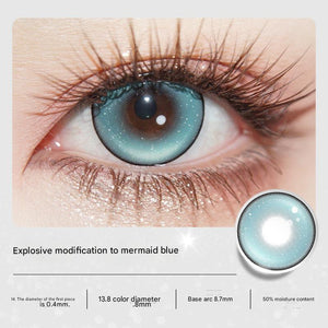 Detailed macro view of the Tinacon Mermaid Blue lens texture and color opacity, showing the 13.8mm coloring diameter and natural pupil blend.