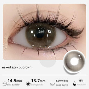 Naked Apricot Brown shade from Tinacon Korean contact lenses collection with a 14.5mm diameter.