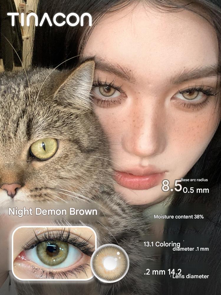 Tinacon Night Demon Brown daily colored contact lens with 13.1mm coloring diameter on a model.