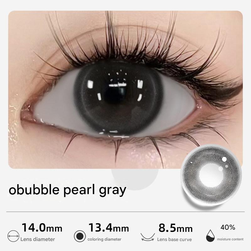 Obubble Pearl Gray color of Tinacon natural contact lenses featuring a 14.0mm diameter and dark limbal ring.