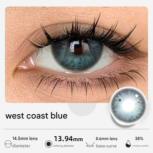 West Coast Blue variant of Tinacon colored contact lenses showing a vibrant yet natural blue-gray pattern.