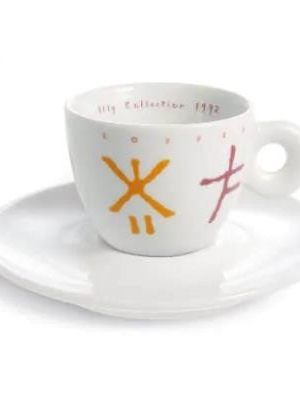 فنجان illy إصدار 1992 أبيض برموز تجريدية برتقالية ووردية مع صحنه