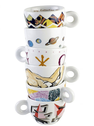 ستة فناجين مكدسة من طقم illy إصدار 1992 تظهر تصاميمها المختلفة