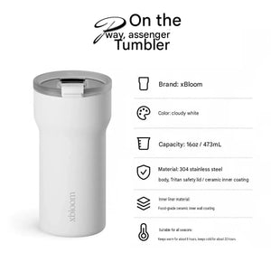 كوب xBloom Passenger الأبيض الغائم مع عرض آلية فتح الغطاء