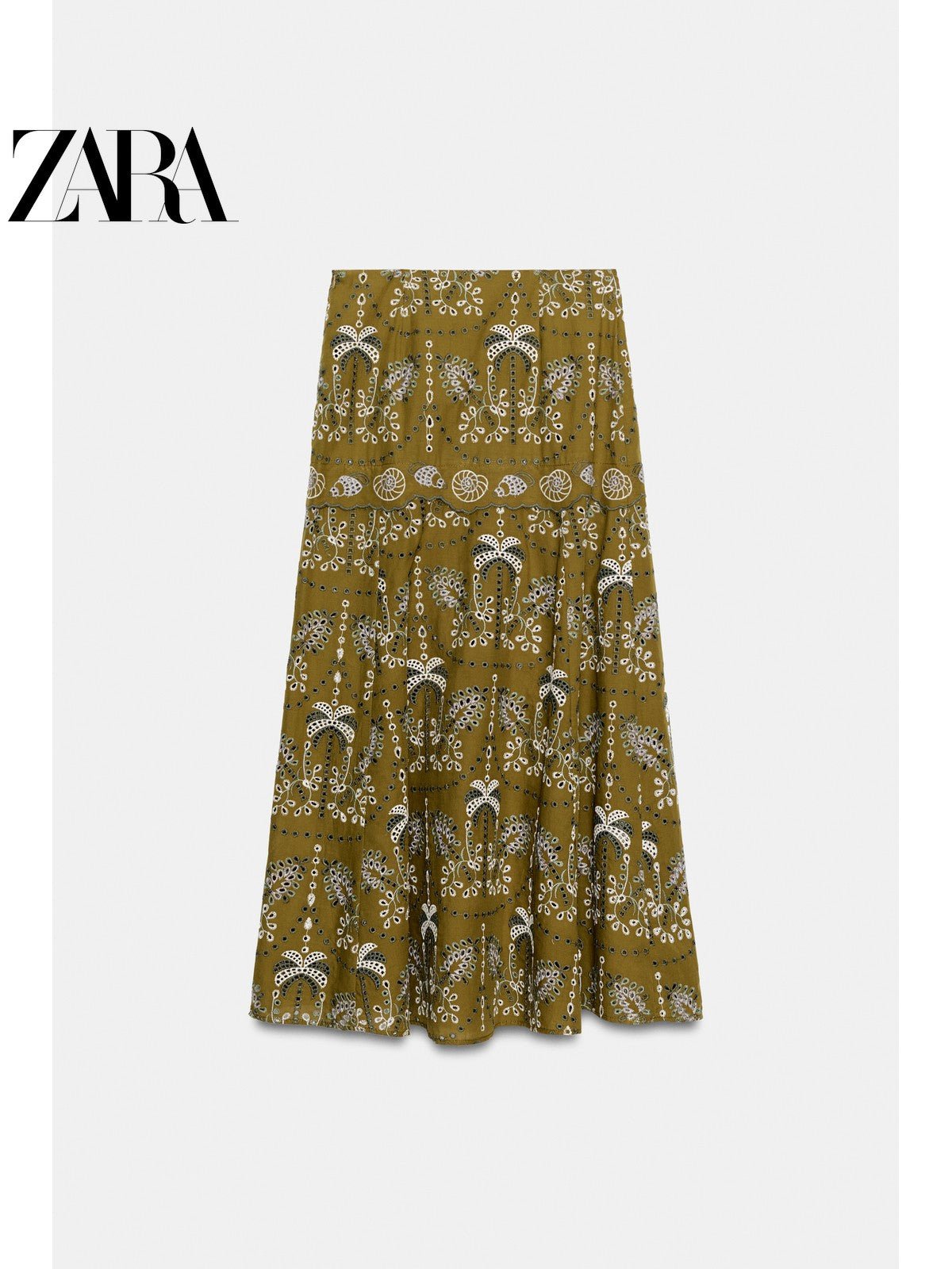 تنورة ZARA نسائية طويلة مطرزة زيتوني - رفعة