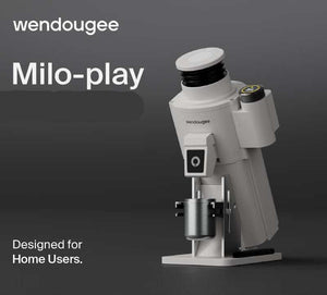 White Wendouge Milo-play single-dose coffee grinder designed for home users, featuring a sleek modern design with a catch cup and a side-mounted digital control screen.