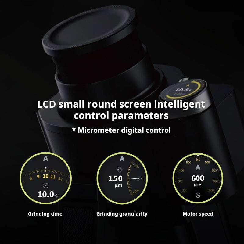 Close-up of the round LCD smart screen showing intelligent real-time control parameters including grinding time, grinding granularity, and motor speed.