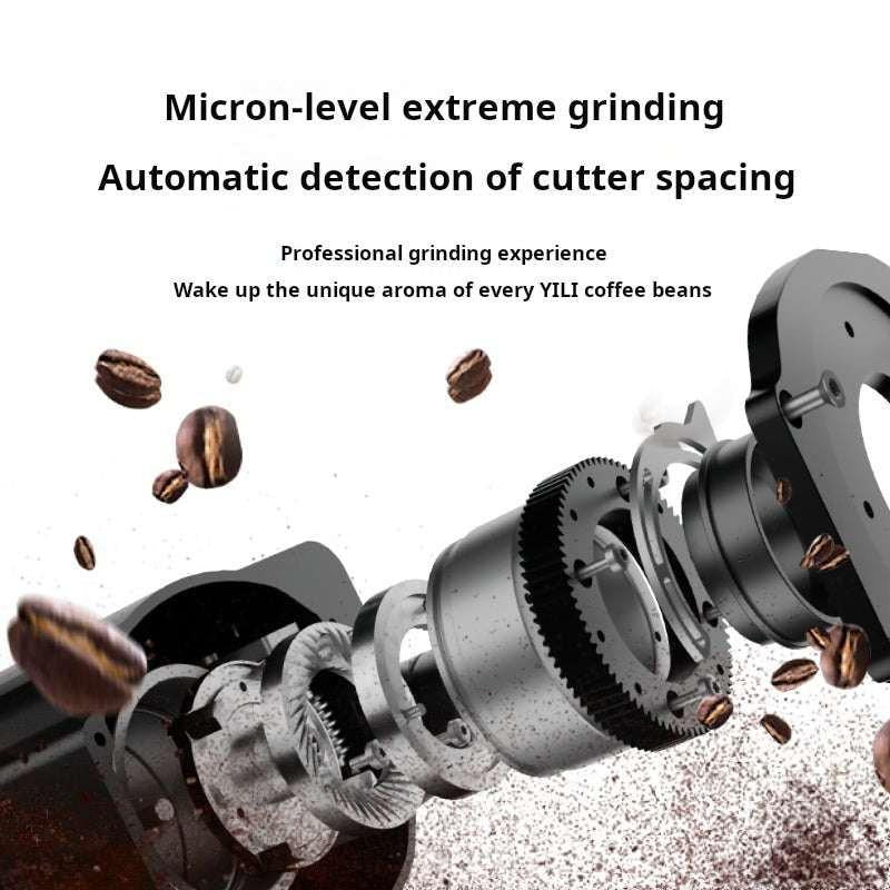 Exploded view diagram highlighting the micron-level extreme grinding mechanism and automatic detection of cutter spacing for precise particle consistency.