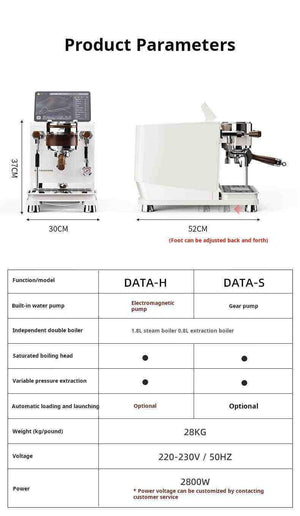 ورقة المواصفات الفنية والأبعاد لماكينة اسبريسو احترافية Wendougee DATA product parameters sheet.