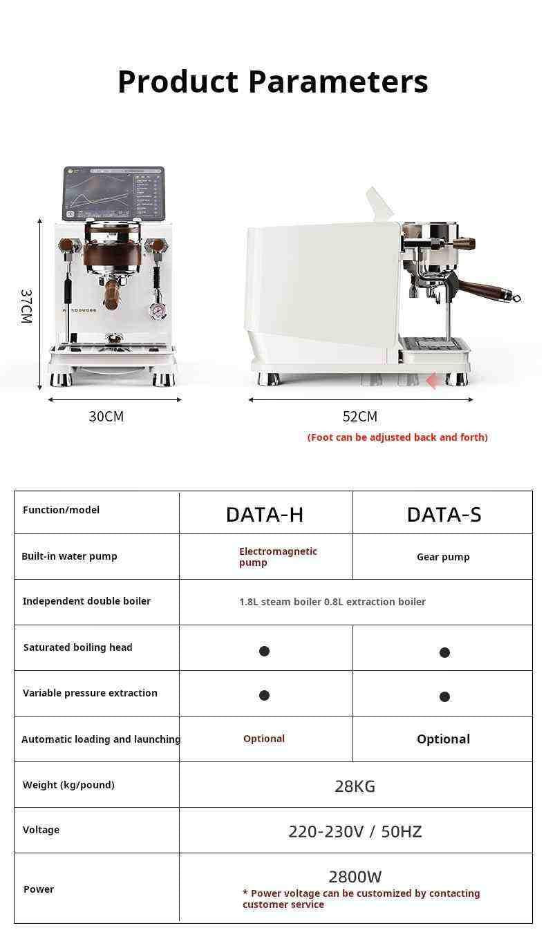 ورقة المواصفات الفنية والأبعاد لماكينة اسبريسو احترافية Wendougee DATA product parameters sheet.