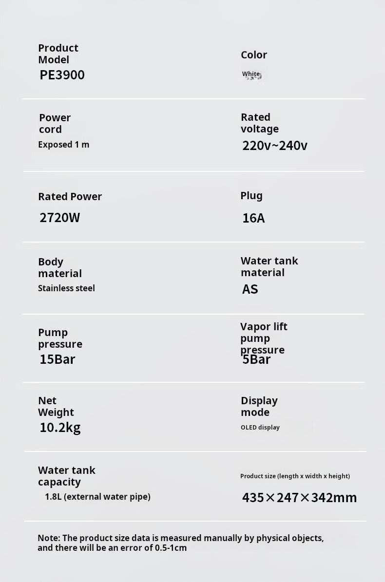 ورقة المواصفات الفنية لـ آلة قهوة Wendougee PETRA technical specifications sheet.