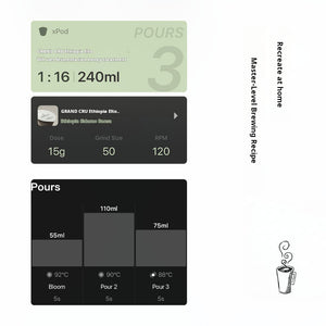 Automated brewing recipe parameters for xBloom capsules, showing a total volume of 240ml with a 3-pour water distribution chart.