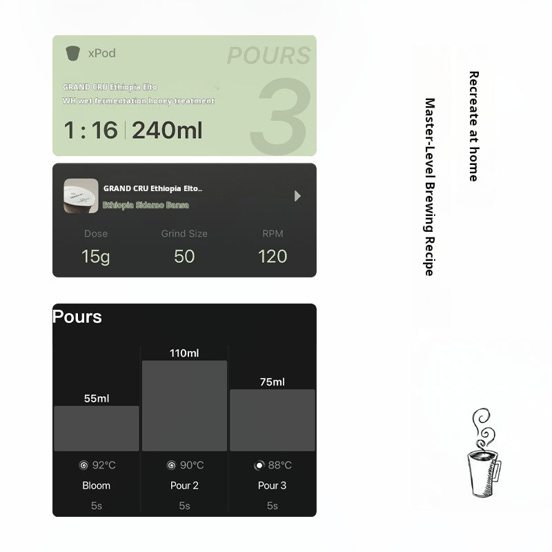 Automated brewing recipe parameters for xBloom capsules, showing a total volume of 240ml with a 3-pour water distribution chart.
