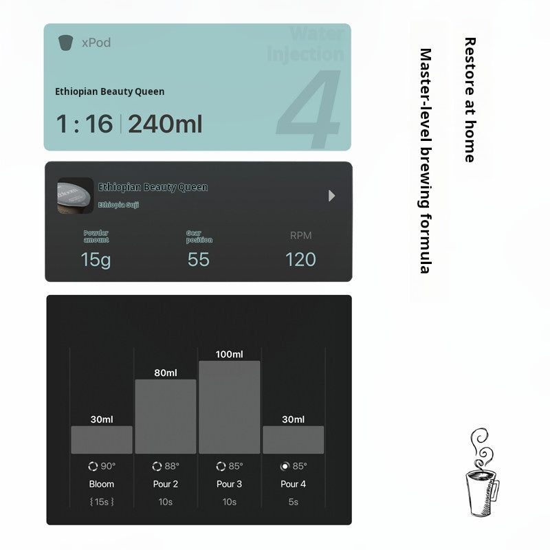 A digital interface showing the master-level brewing formula for xBloom xpods, highlighting a 1:16 ratio, 240ml yield, temperature adjustments, and a multi-step pouring graph for brewing كبسولات إكسبلوم.